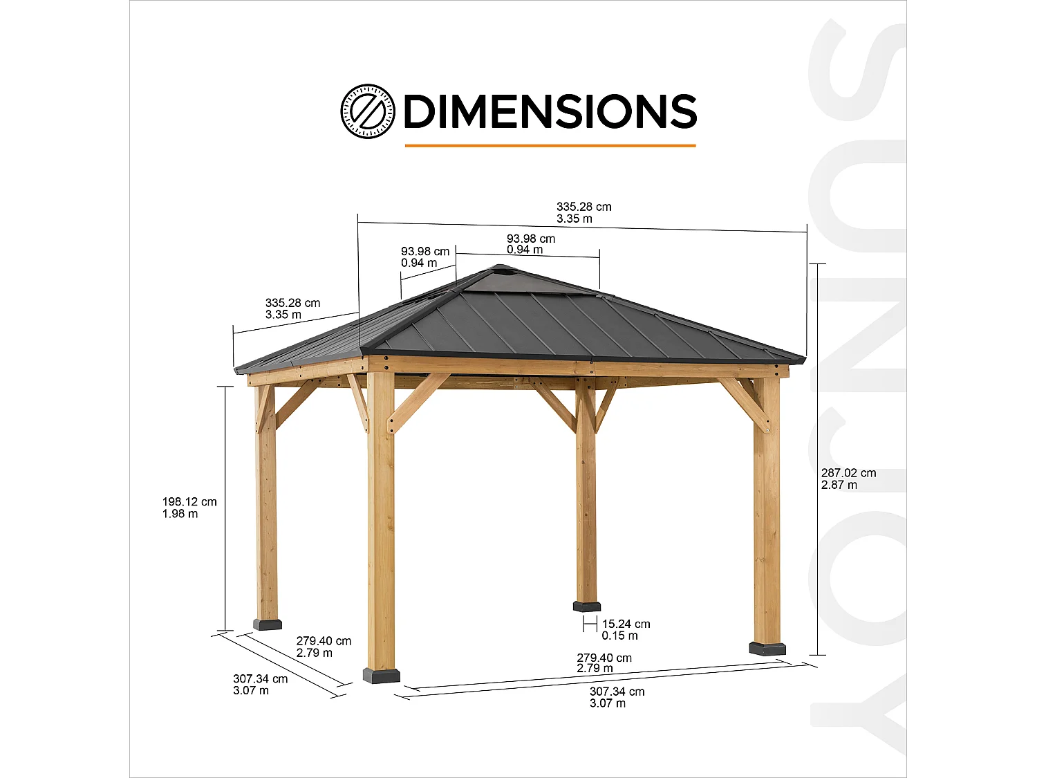 Pavillon en bois avec cadre en acier anthracite et lucarne en polycarbonate PIRIN 336cm x 336cm