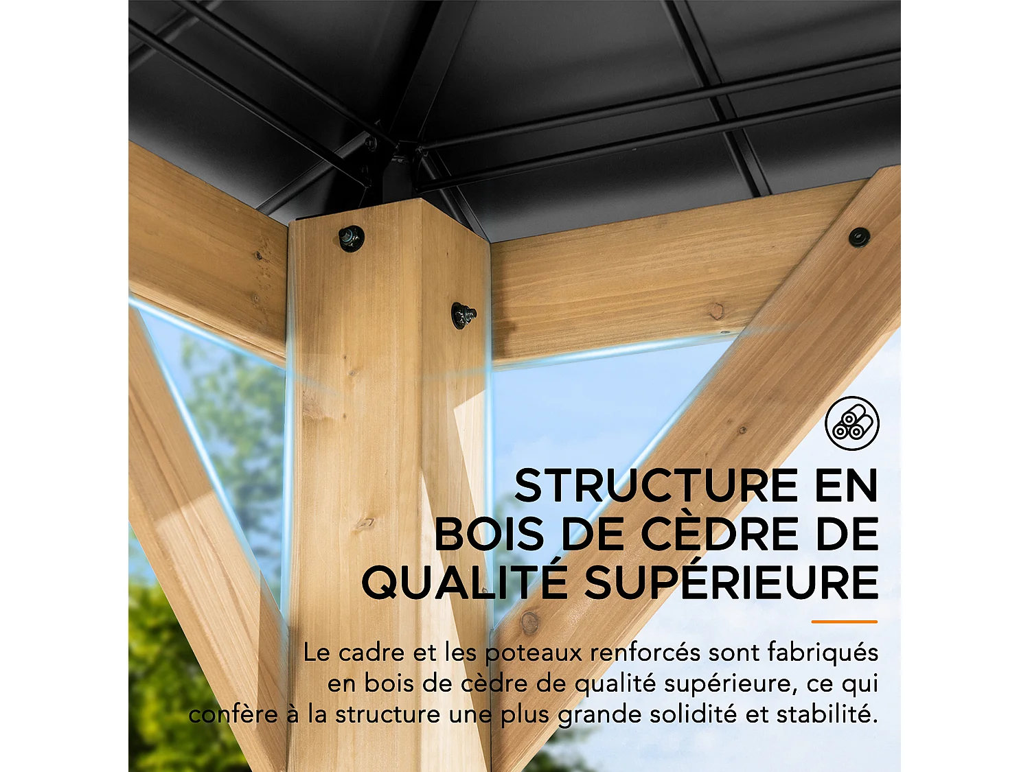 Pavillon en bois avec cadre en acier anthracite et lucarne en polycarbonate PIRIN 336cm x 336cm