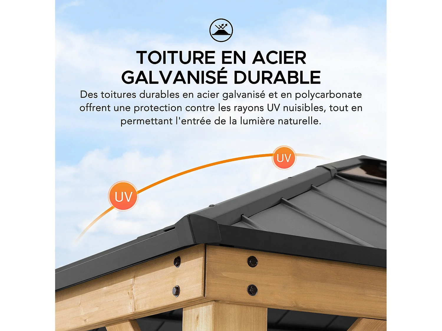 Pavillon en bois avec cadre en acier anthracite et lucarne en polycarbonate PIRIN 336cm x 336cm