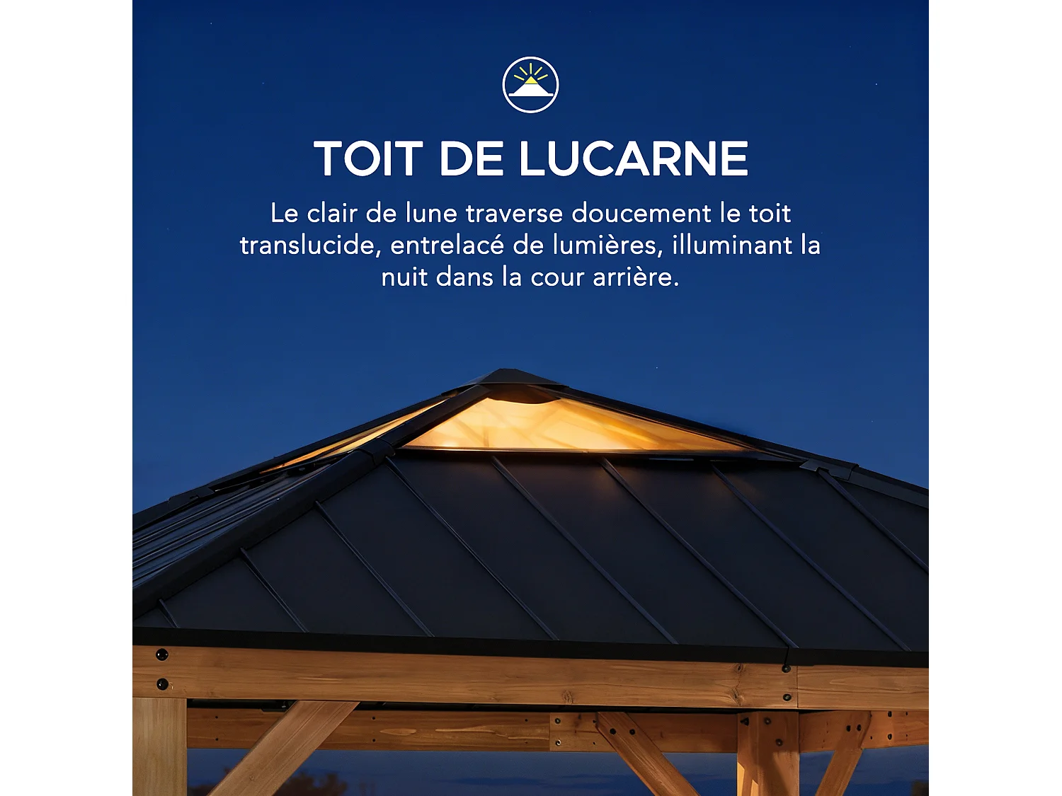 Pavillon en bois avec cadre en acier anthracite et lucarne en polycarbonate PIRIN 336cm x 336cm