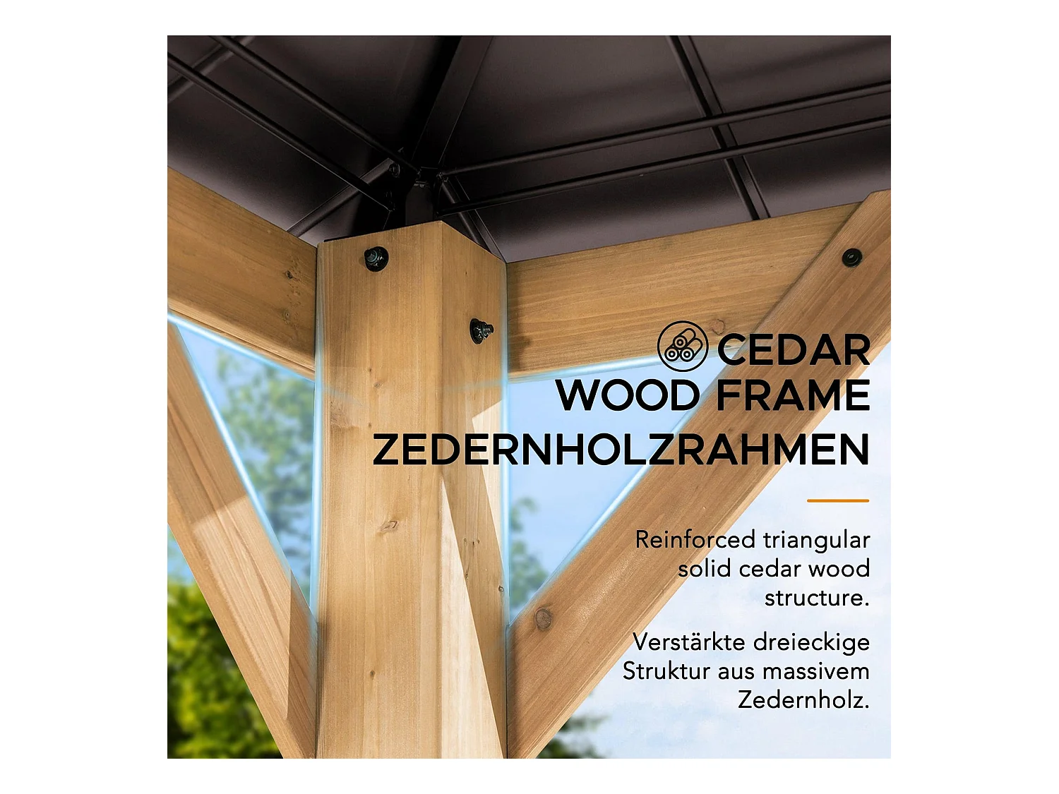 Tonnelle en bois avec toit en polycarbonate et acier brun BRURI 335cm x 393cm