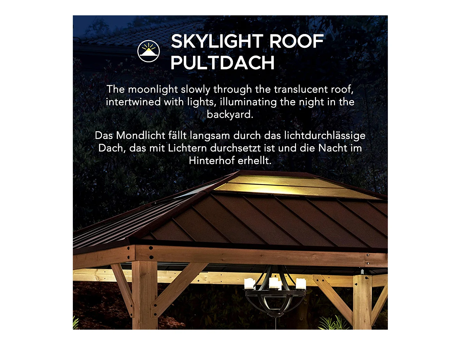 Tonnelle en bois avec toit en polycarbonate et acier brun BRURI 335cm x 393cm