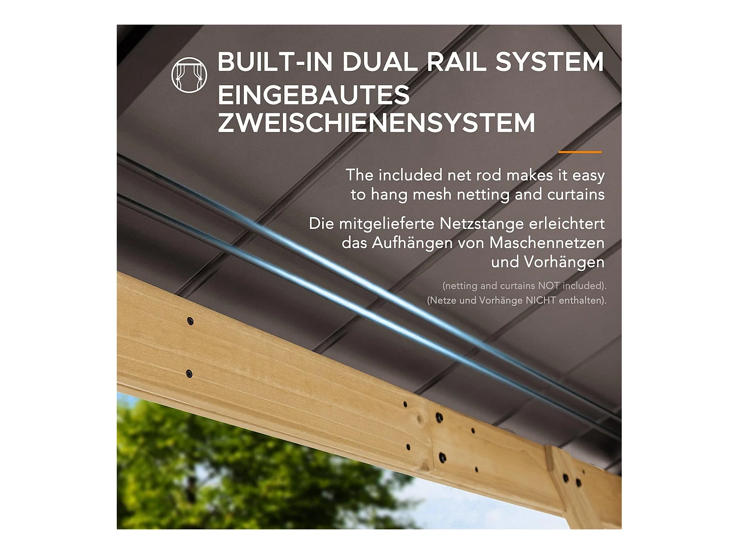 Tonnelle en bois avec toit en polycarbonate et acier brun BRURI 335cm x 393cm