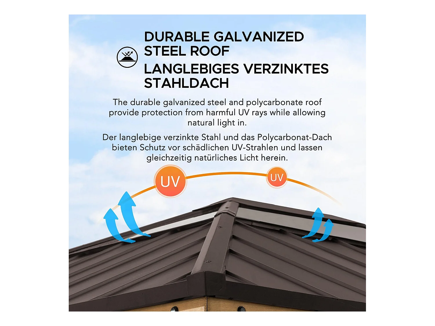 Tonnelle en bois avec toit en polycarbonate et acier brun BRURI 335cm x 393cm