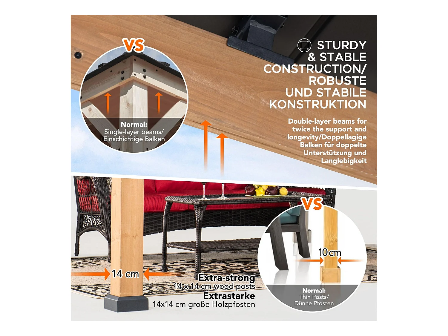 Tonnelle en bois avec toit en polycarbonate et acier brun BRURI 335cm x 393cm