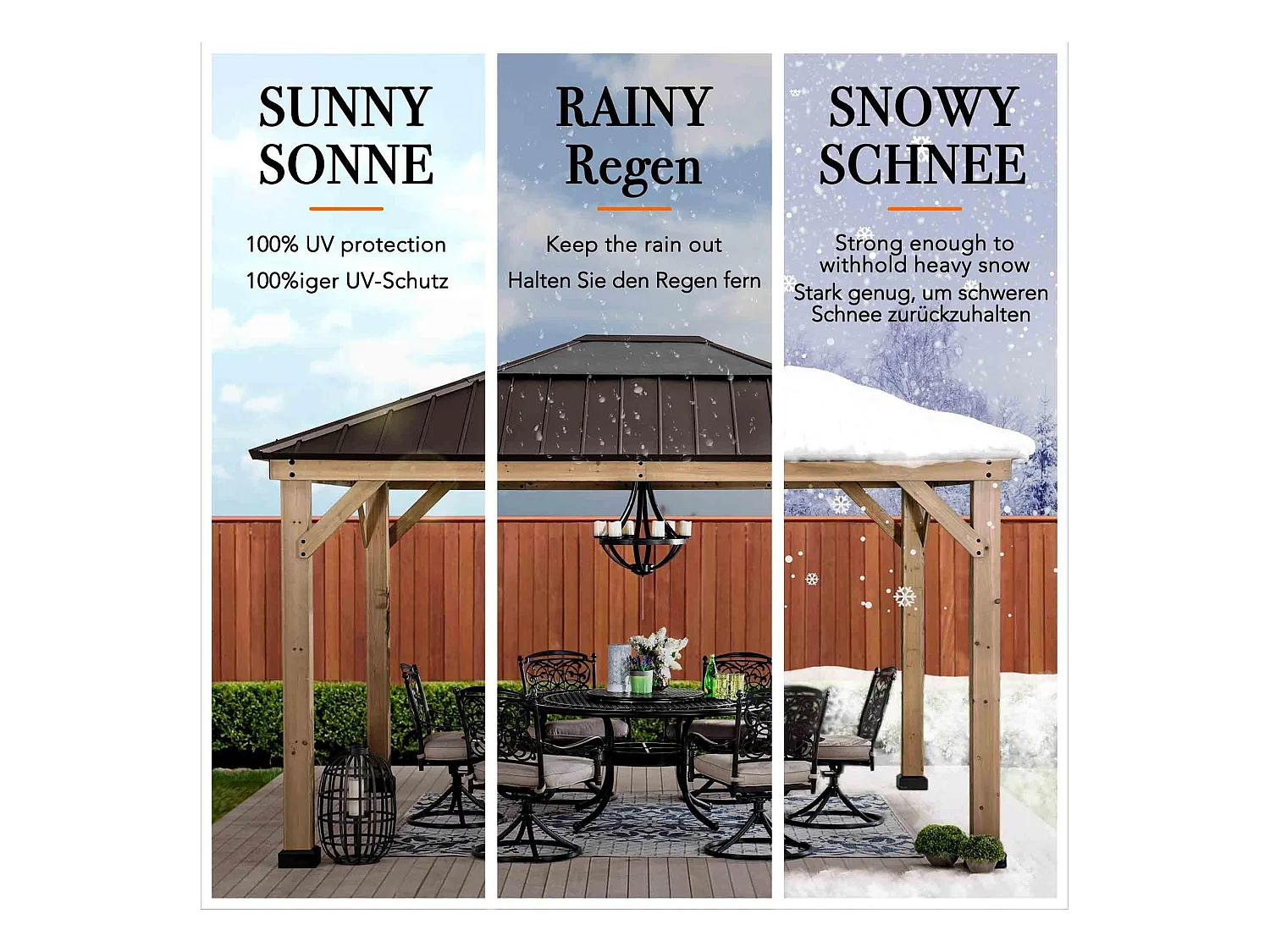 Tonnelle en bois avec toit en polycarbonate et acier brun BRURI 335cm x 393cm