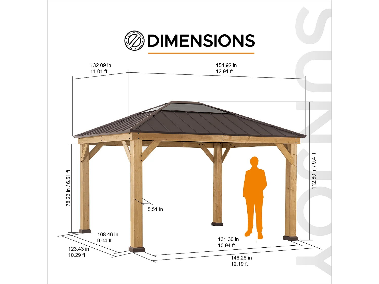 Tonnelle en bois avec toit en polycarbonate et acier brun BRURI 335cm x 393cm