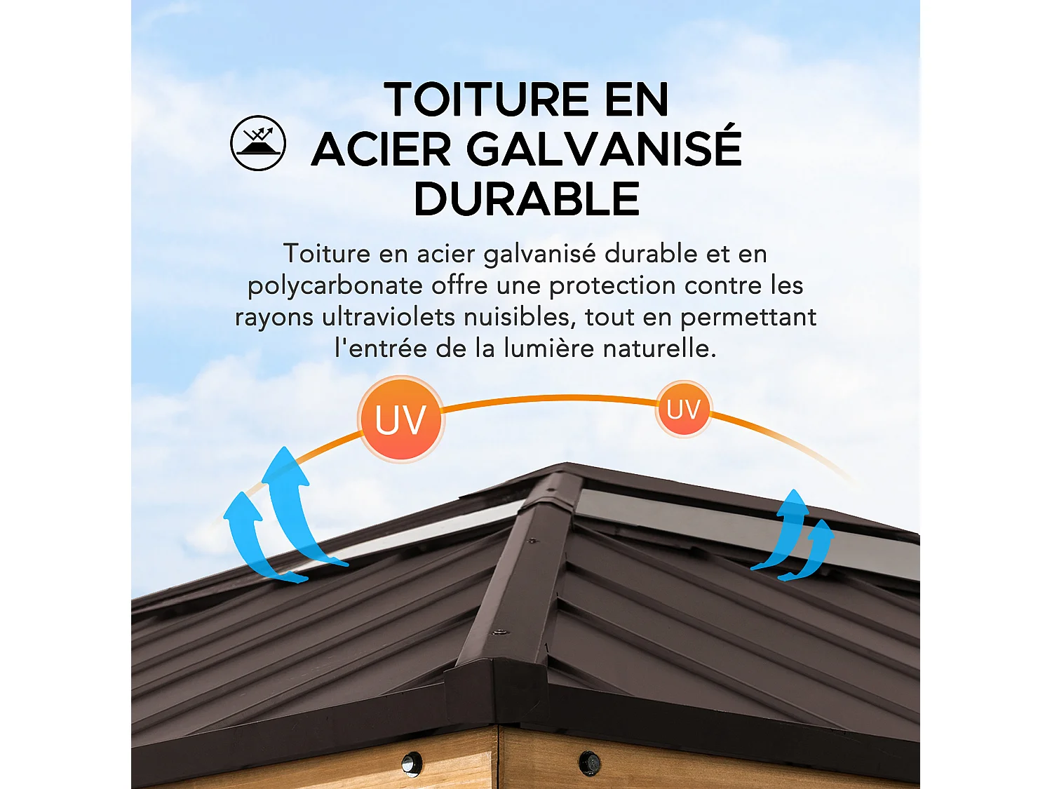 Tonnelle en bois avec toit en polycarbonate et acier brun BRURI 335cm x 393cm