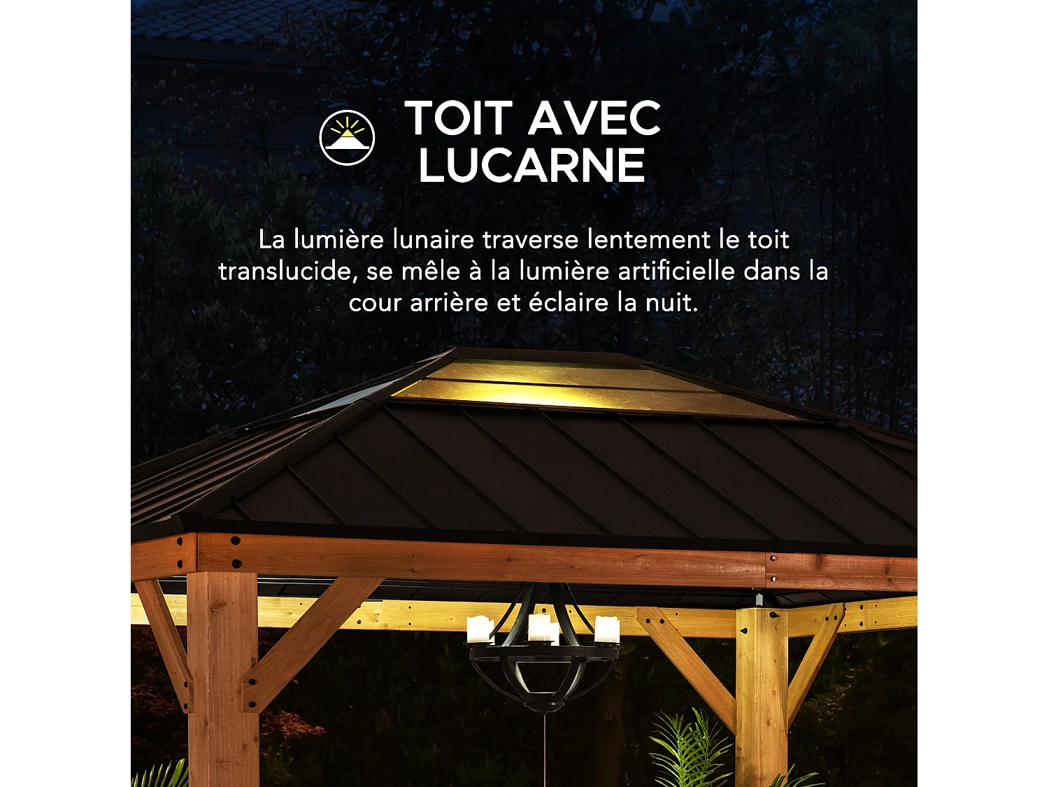 Tonnelle en bois avec toit en polycarbonate et acier brun BRURI 335cm x 393cm