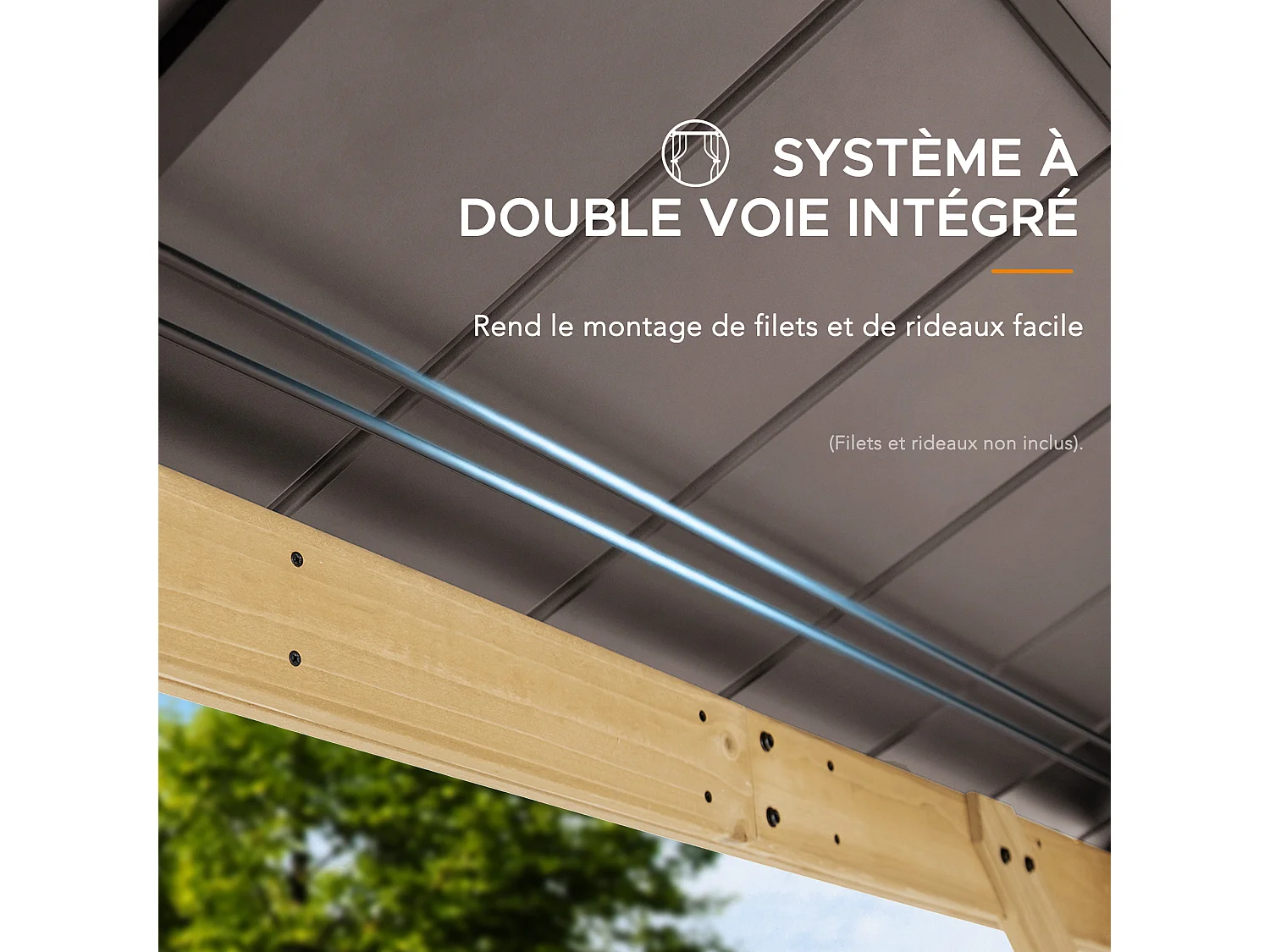 Tonnelle en bois avec toit en polycarbonate et acier brun BRURI 335cm x 393cm