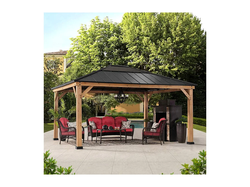 Tonnelle de jardin extérieure en bois avec puits de lumière et crochet de plafond ERNIR 393 cm x 452 cm