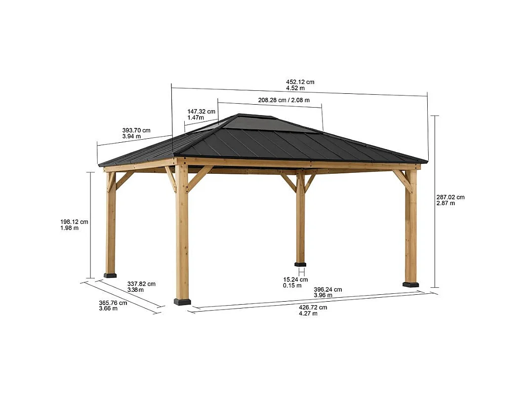 Tonnelle de jardin extérieure en bois avec puits de lumière et crochet de plafond ERNIR 393 cm x 452 cm