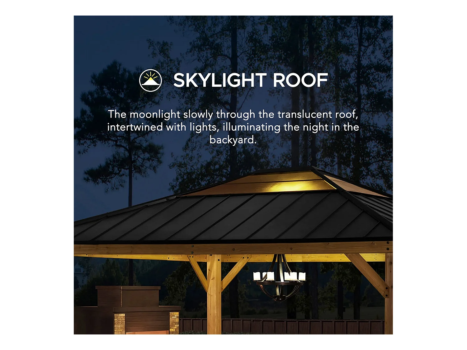 Tonnelle de jardin extérieure en bois avec puits de lumière et crochet de plafond ERNIR 393 cm x 452 cm