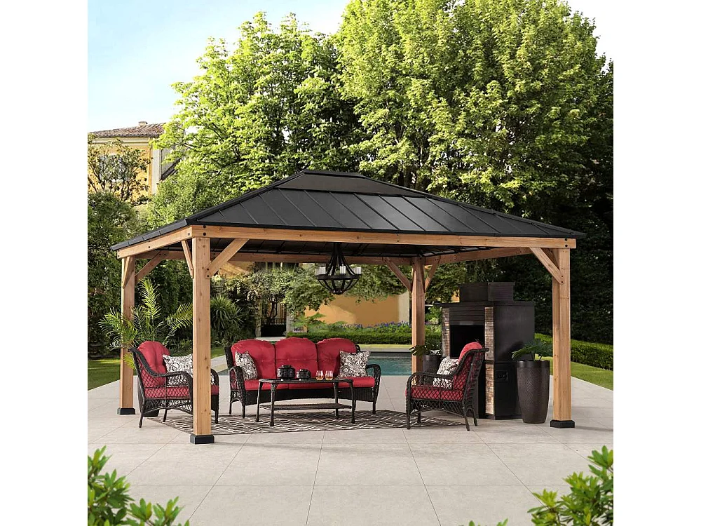 Tonnelle de jardin extérieure en bois avec puits de lumière et crochet de plafond ERNIR 393 cm x 452 cm