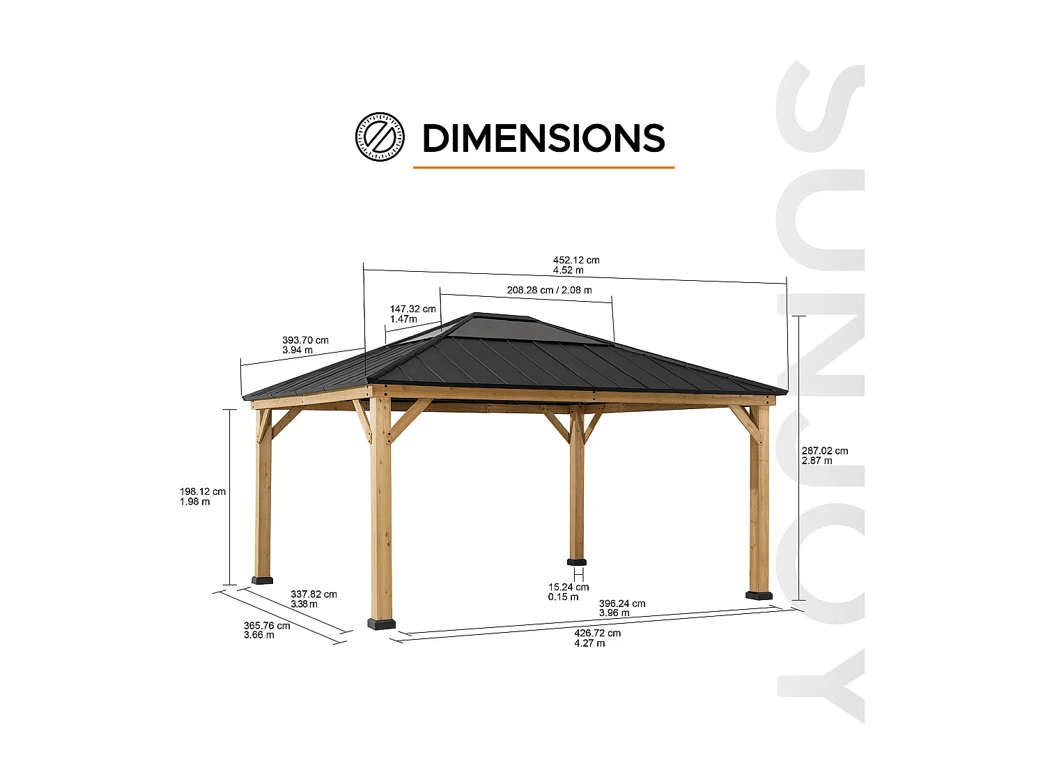 Tonnelle de jardin extérieure en bois avec puits de lumière et crochet de plafond ERNIR 393 cm x 452 cm
