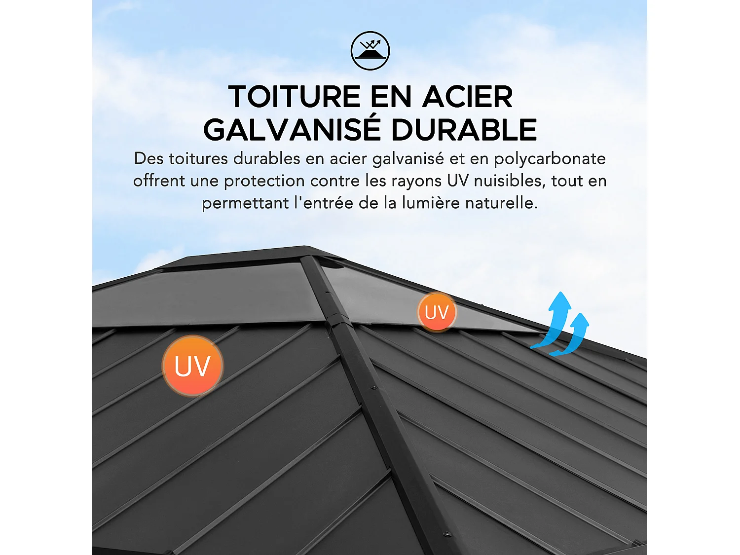 Tonnelle de jardin extérieure en bois avec puits de lumière et crochet de plafond ERNIR 393 cm x 452 cm