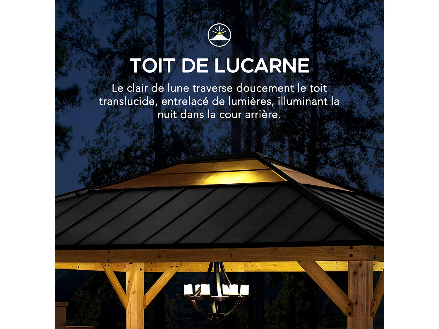 Tonnelle de jardin extérieure en bois avec puits de lumière et crochet de plafond ERNIR 393 cm x 452 cm