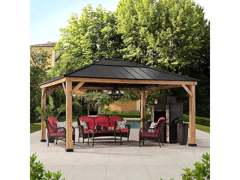 Tonnelle de jardin extérieure en bois avec puits de lumière et crochet de plafond ERNIR 393 cm x 452 cm