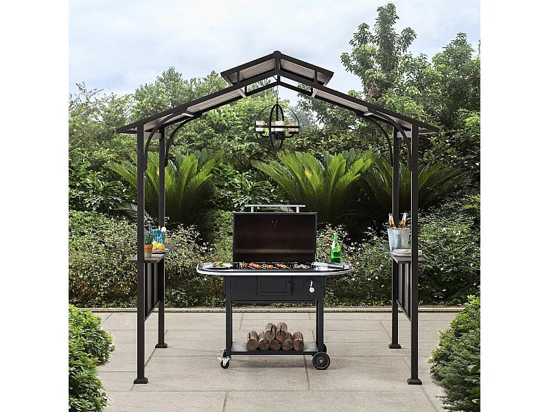 Gazebo de jardin à toit rigide avec crochet de plafond et étagères de bar ASPE 152 cm x 244 cm