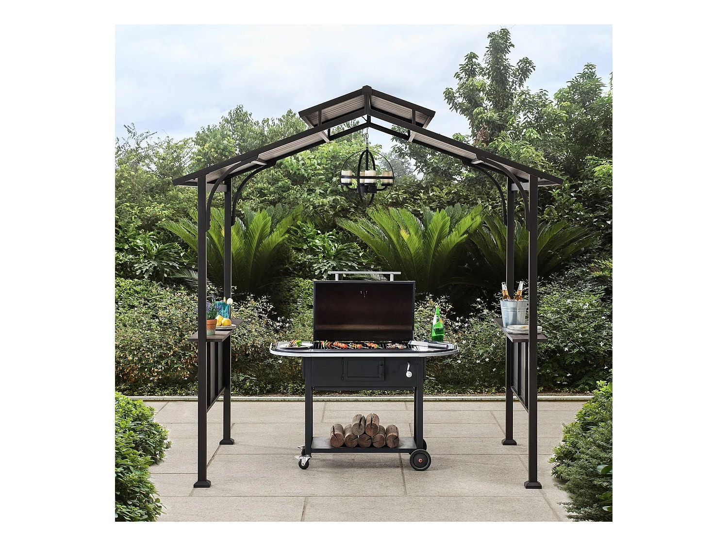 Gazebo de jardin à toit rigide avec crochet de plafond et étagères de bar ASPE 152 cm x 244 cm