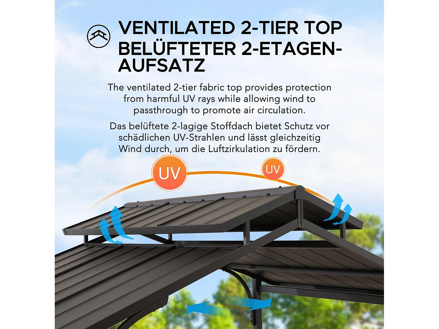 Gazebo de jardin à toit rigide avec crochet de plafond et étagères de bar ASPE 152 cm x 244 cm