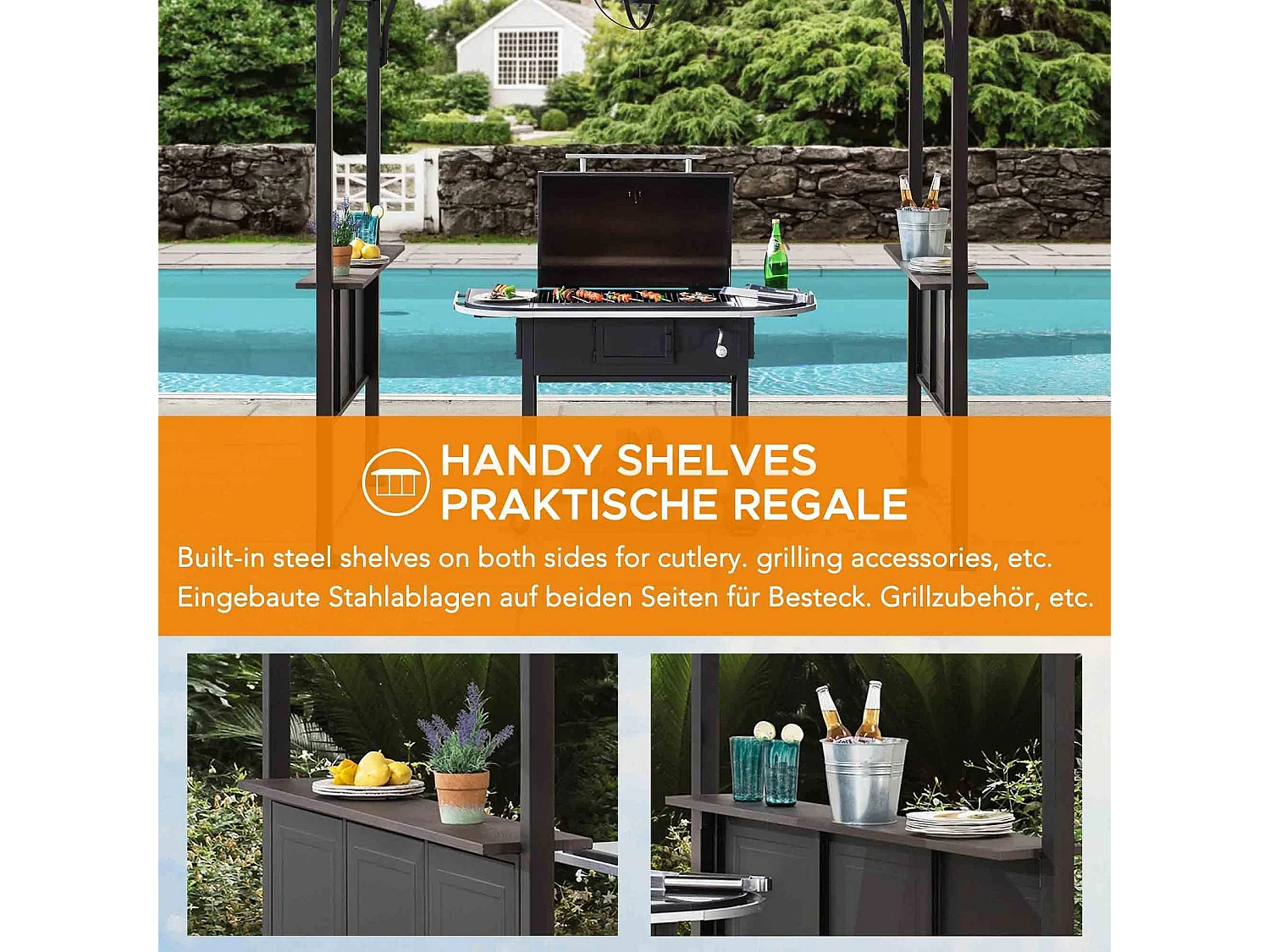 Gazebo de jardin à toit rigide avec crochet de plafond et étagères de bar ASPE 152 cm x 244 cm