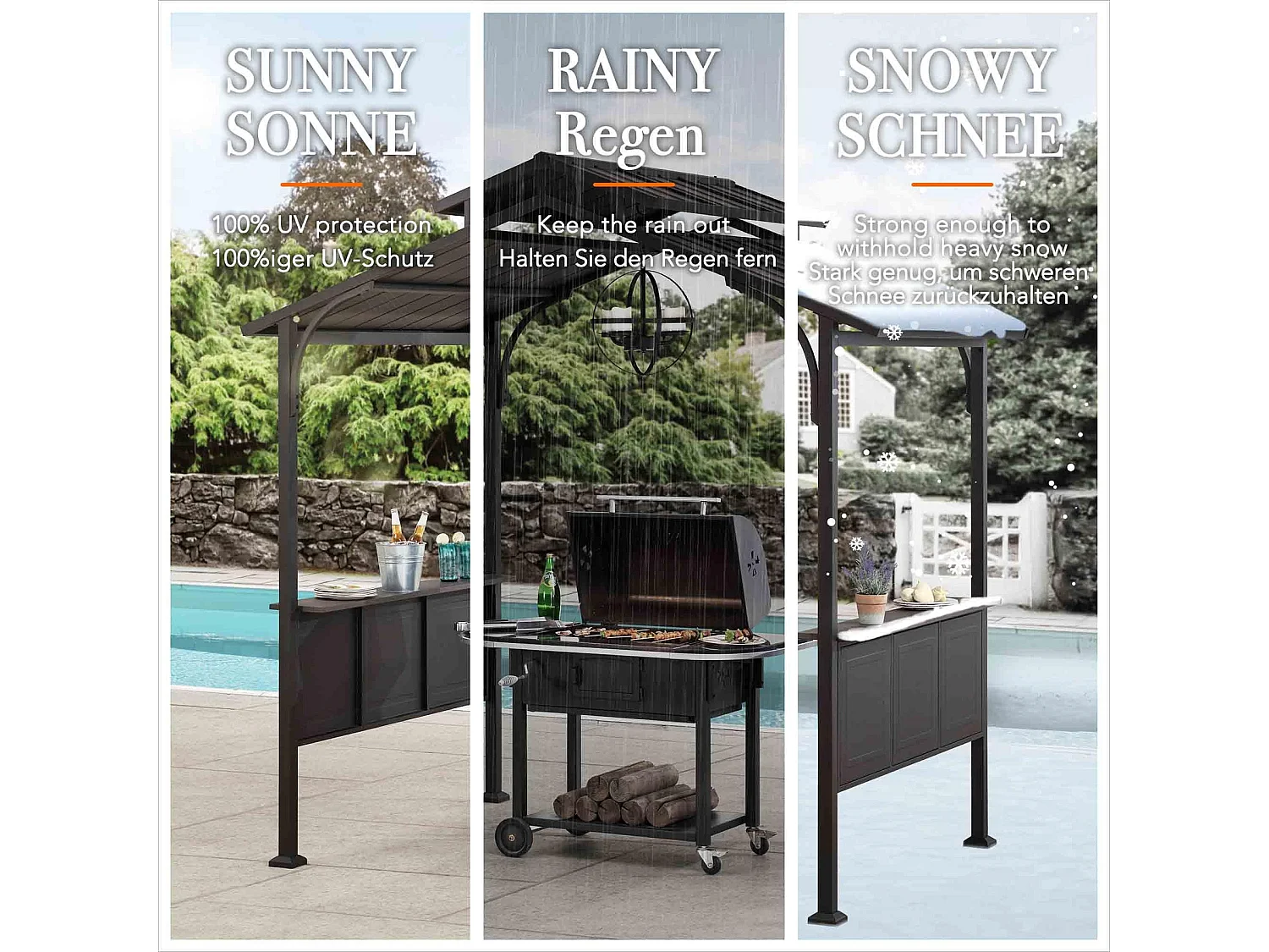 Gazebo de jardin à toit rigide avec crochet de plafond et étagères de bar ASPE 152 cm x 244 cm