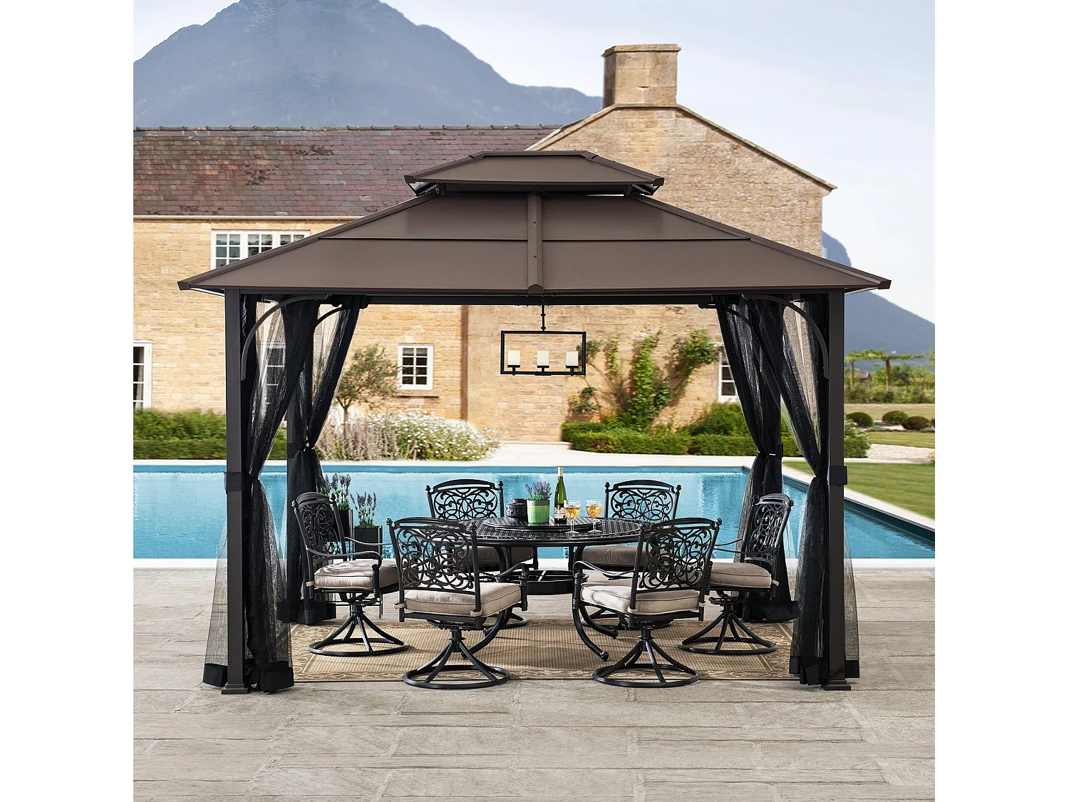 Tonnelle en métal à toit rigide avec filet et crochet de plafond KALDI 305 cm x 366 cm