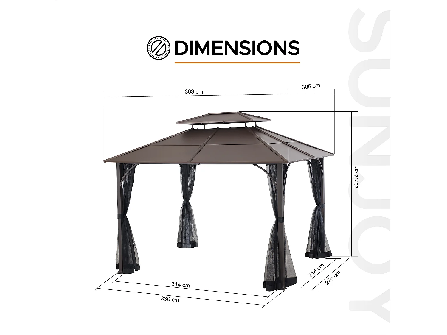 Tonnelle en métal à toit rigide avec filet et crochet de plafond KALDI 305 cm x 366 cm