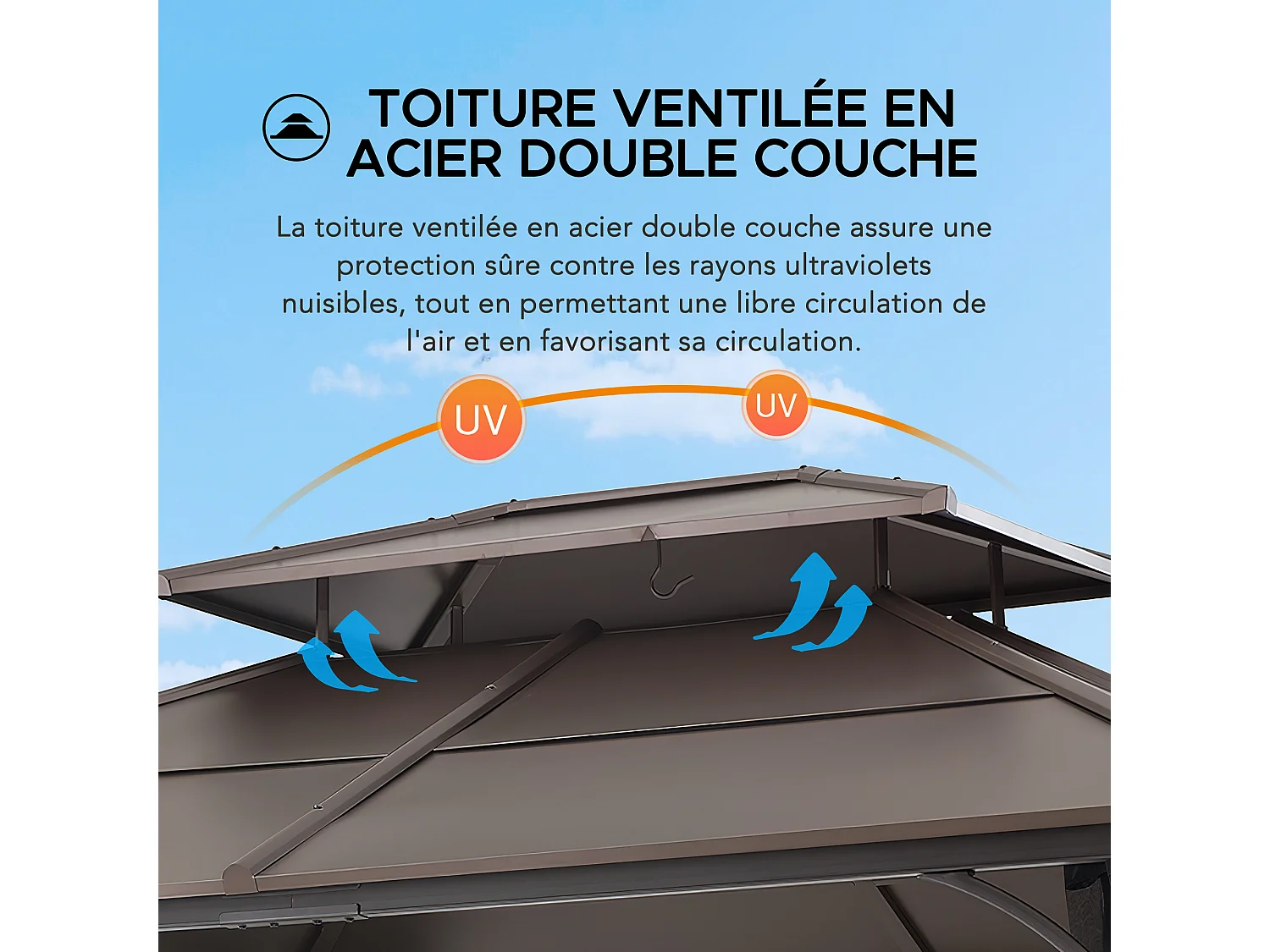 Tonnelle en métal à toit rigide avec filet et crochet de plafond KALDI 305 cm x 366 cm