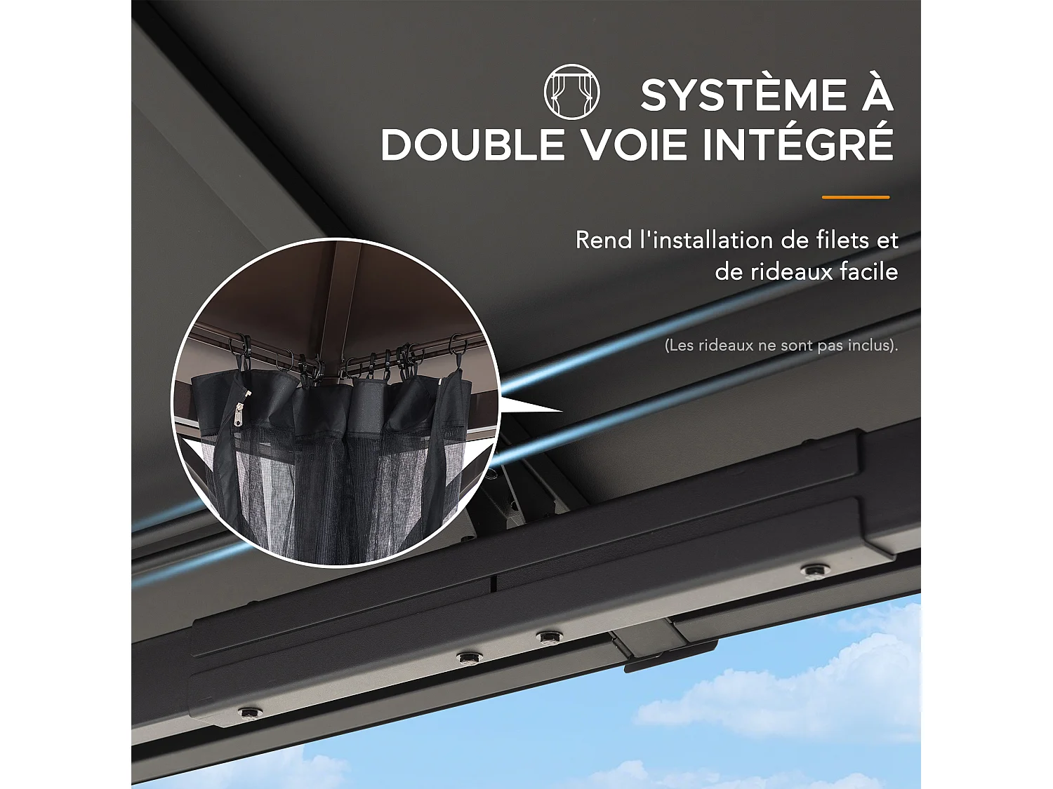 Tonnelle en métal à toit rigide avec filet et crochet de plafond KALDI 305 cm x 366 cm