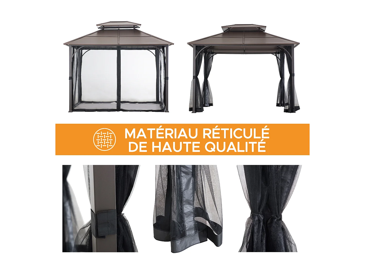 Tonnelle en métal à toit rigide avec filet et crochet de plafond KALDI 305 cm x 366 cm