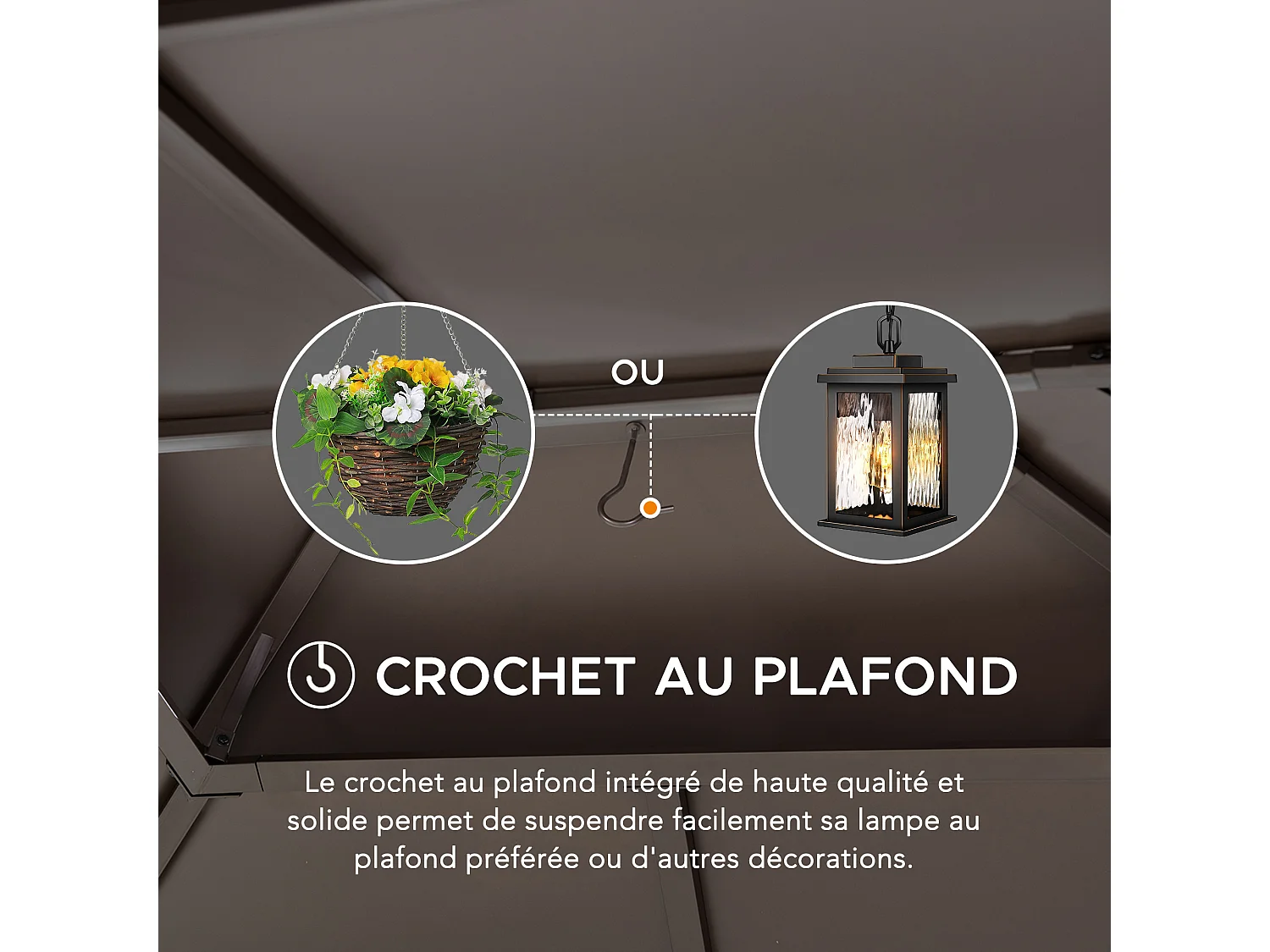 Tonnelle en métal à toit rigide avec filet et crochet de plafond KALDI 305 cm x 366 cm