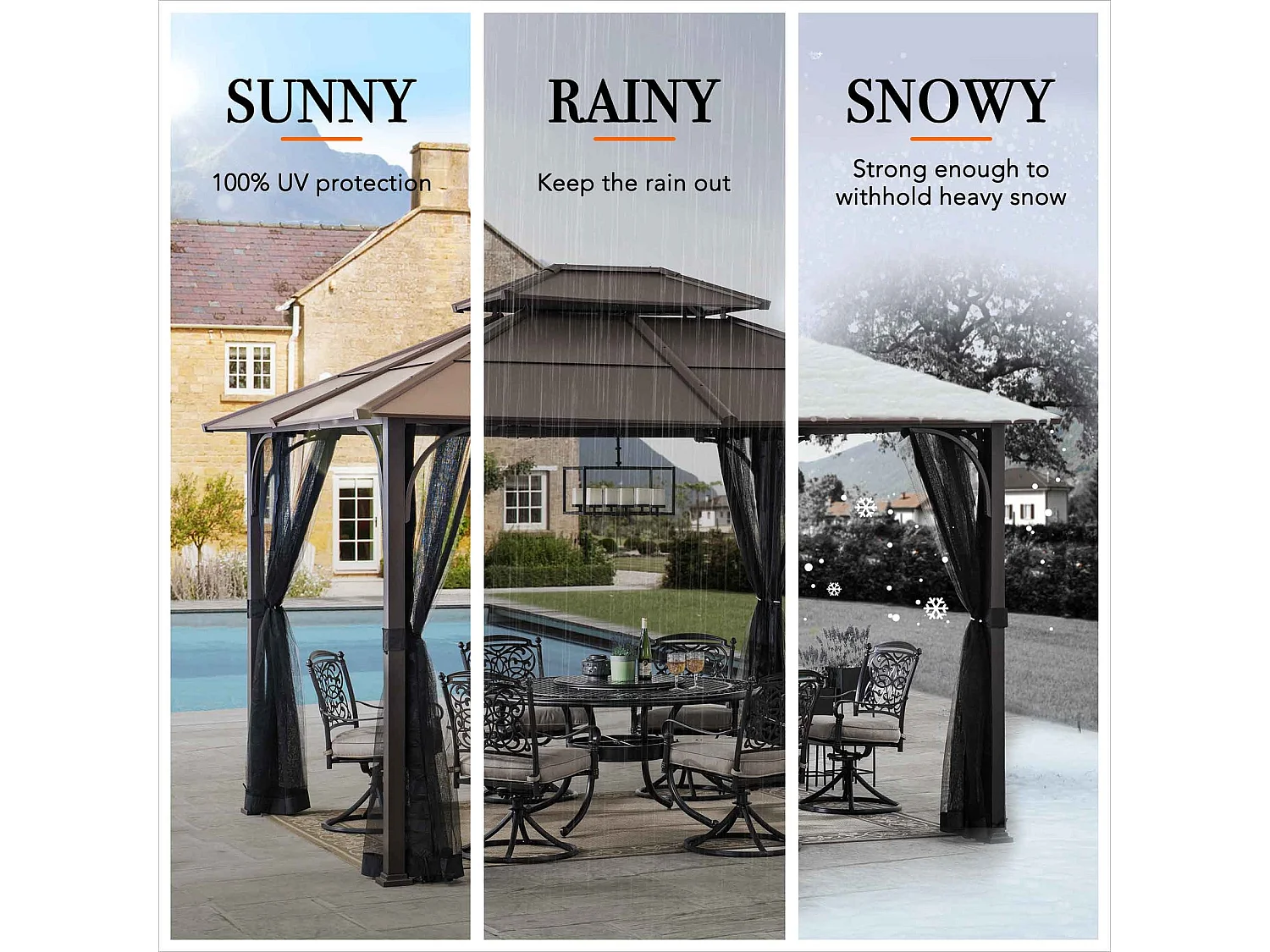 Tonnelle en métal à toit rigide avec filet et crochet de plafond KALDI 305 cm x 366 cm