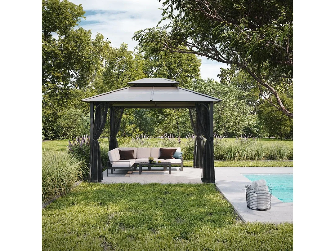 Tonnelle en métal à toit rigide avec filet et crochet de plafond KALDI 305 cm x 366 cm