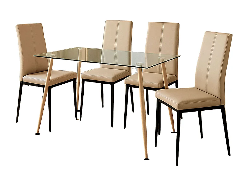 Pack comedor mesa cristal 4 sillas Brea beige/negro (acero/polipiel)