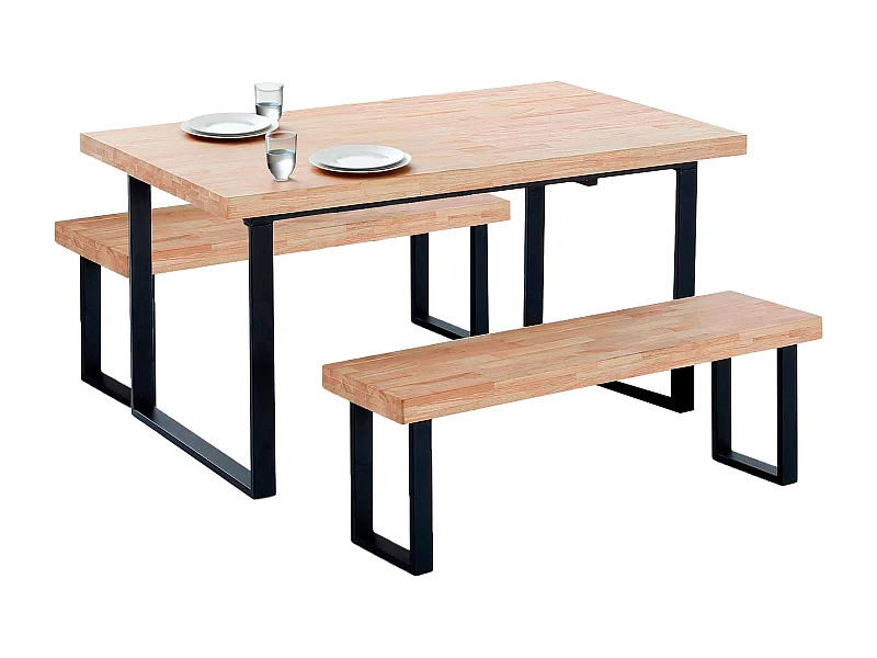 Mesa comedor Loft roble nordish y negro con 2 bancos madera y metal