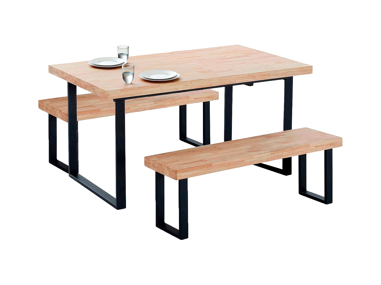 Mesa comedor Loft roble nordish y negro con 2 bancos madera y metal