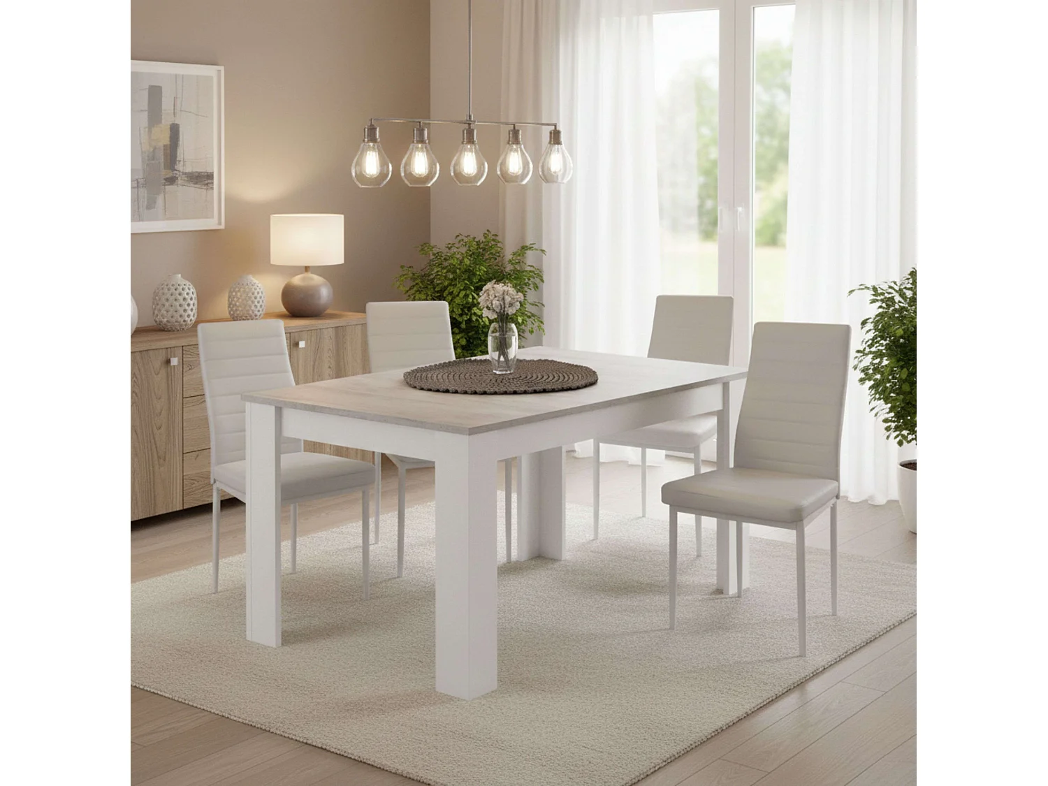 Pack comedor mesa ext. gris cemento (140-190 cm) + 4 sillas Avat blancas