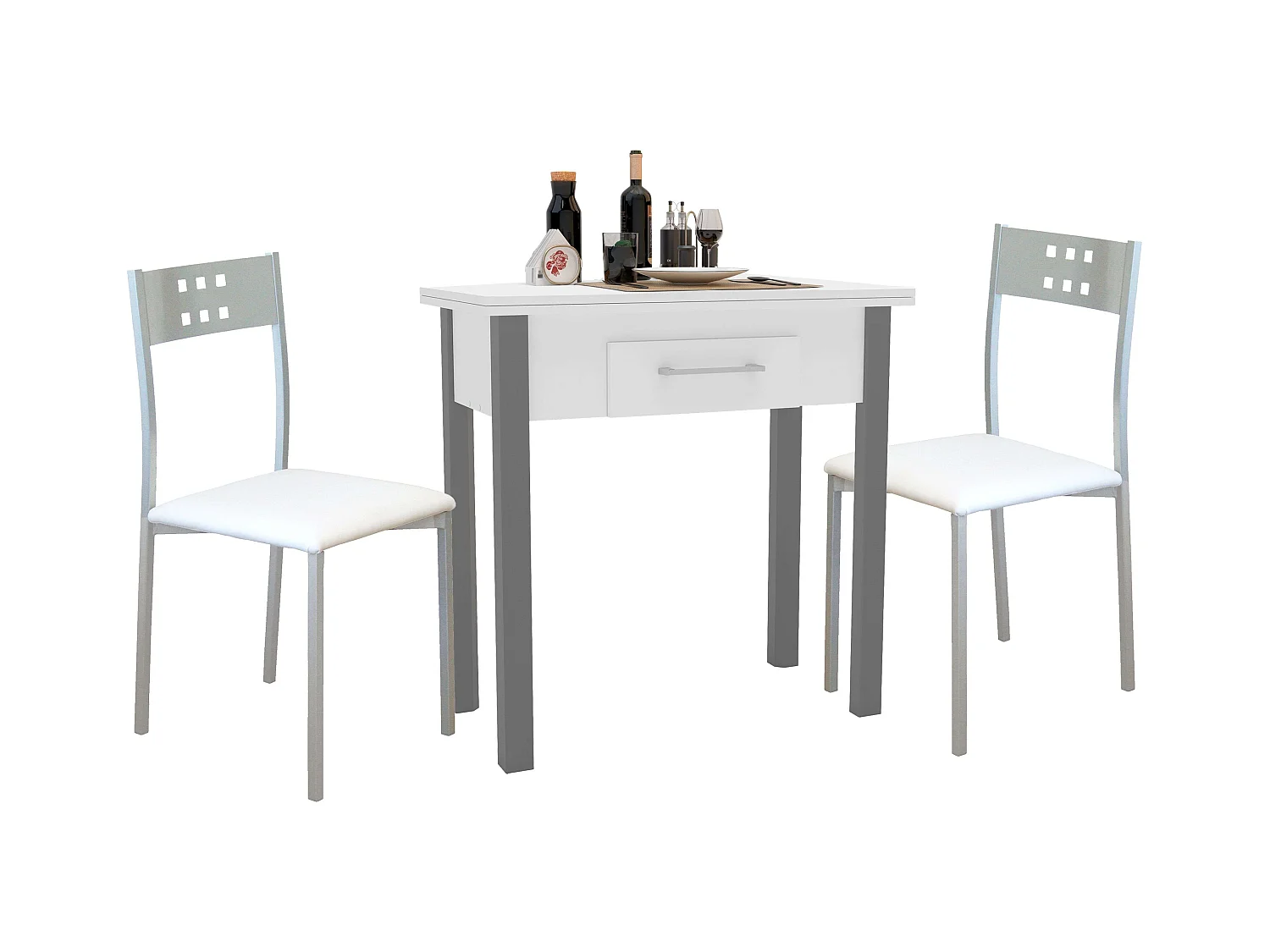 Cnjto mesa cocina ext. + 2 sillas blancas/gris (40-80 cm) con cajón
