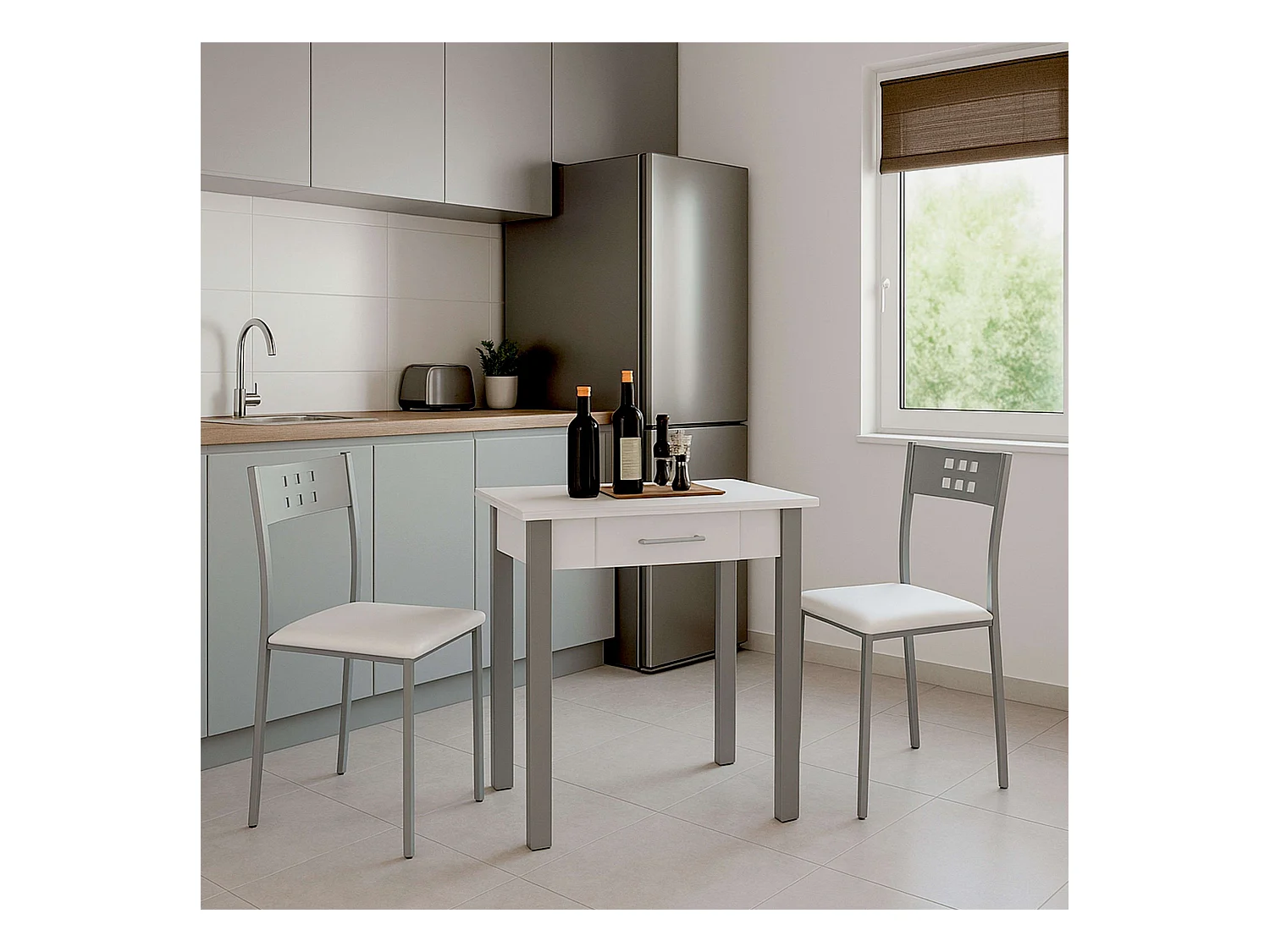 Cnjto mesa cocina ext. + 2 sillas blancas/gris (40-80 cm) con cajón