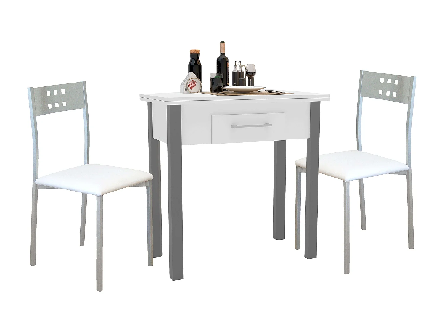 Cnjto mesa cocina ext. + 2 sillas blancas/gris (40-80 cm) con cajón