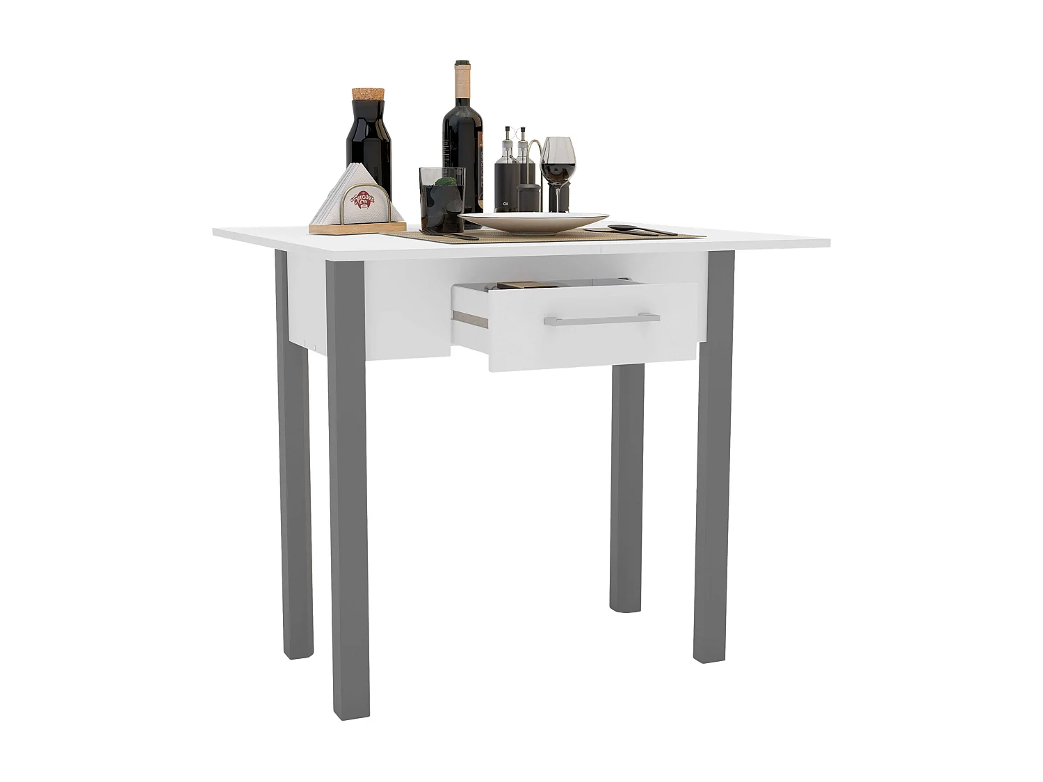Cnjto mesa cocina ext. + 2 sillas blancas/gris (40-80 cm) con cajón