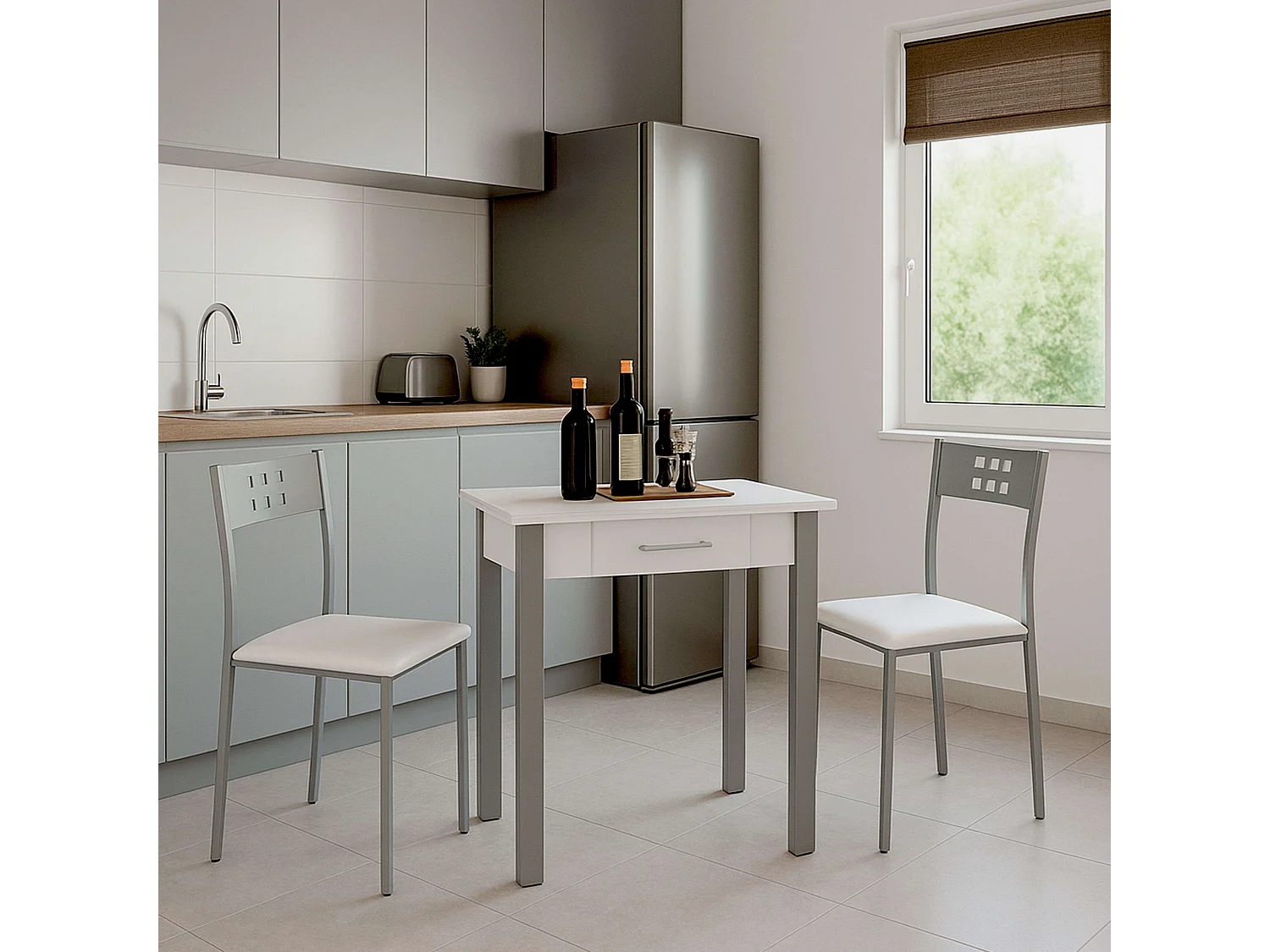 Cnjto mesa cocina ext. + 2 sillas blancas/gris (40-80 cm) con cajón