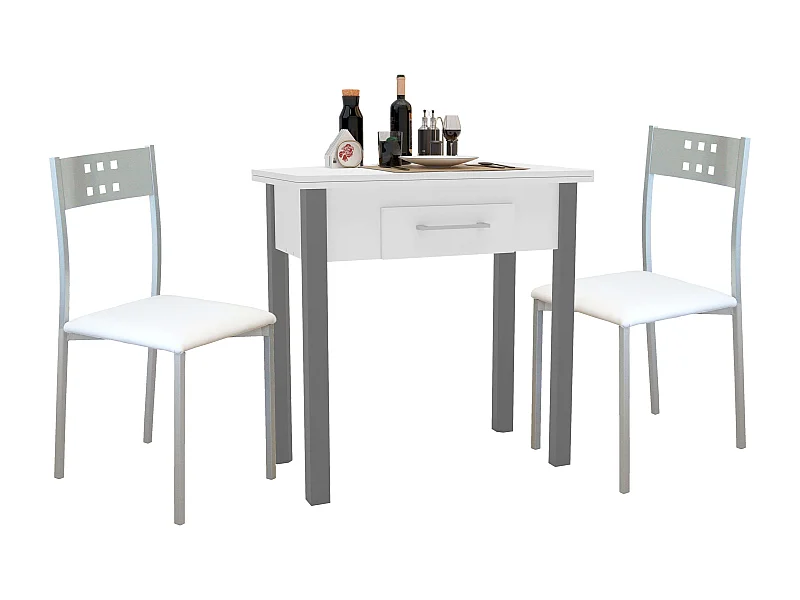 Cnjto mesa cocina ext. + 2 sillas blancas/gris (40-80 cm) con cajón