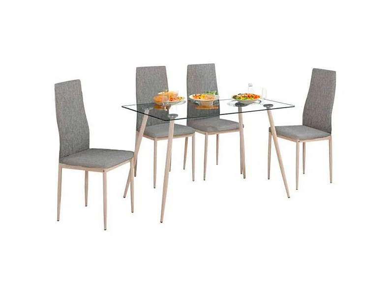 Mesa Cristal + 4 Sillas Gris Tela Comedor Nórdico Patas Metal Efecto Madera