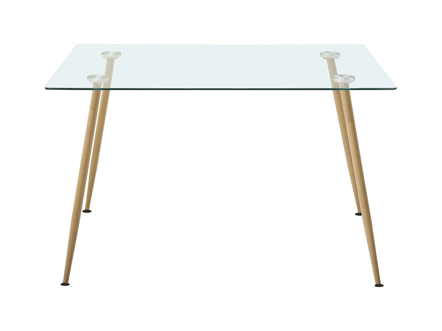 Mesa Cristal + 4 Sillas Gris Tela Comedor Nórdico Patas Metal Efecto Madera