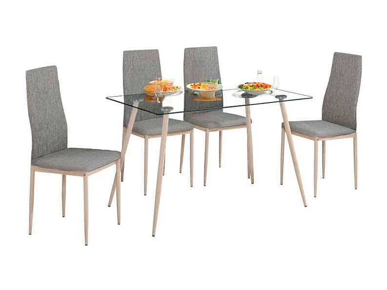 Mesa Cristal + 4 Sillas Gris Tela Comedor Nórdico Patas Metal Efecto Madera