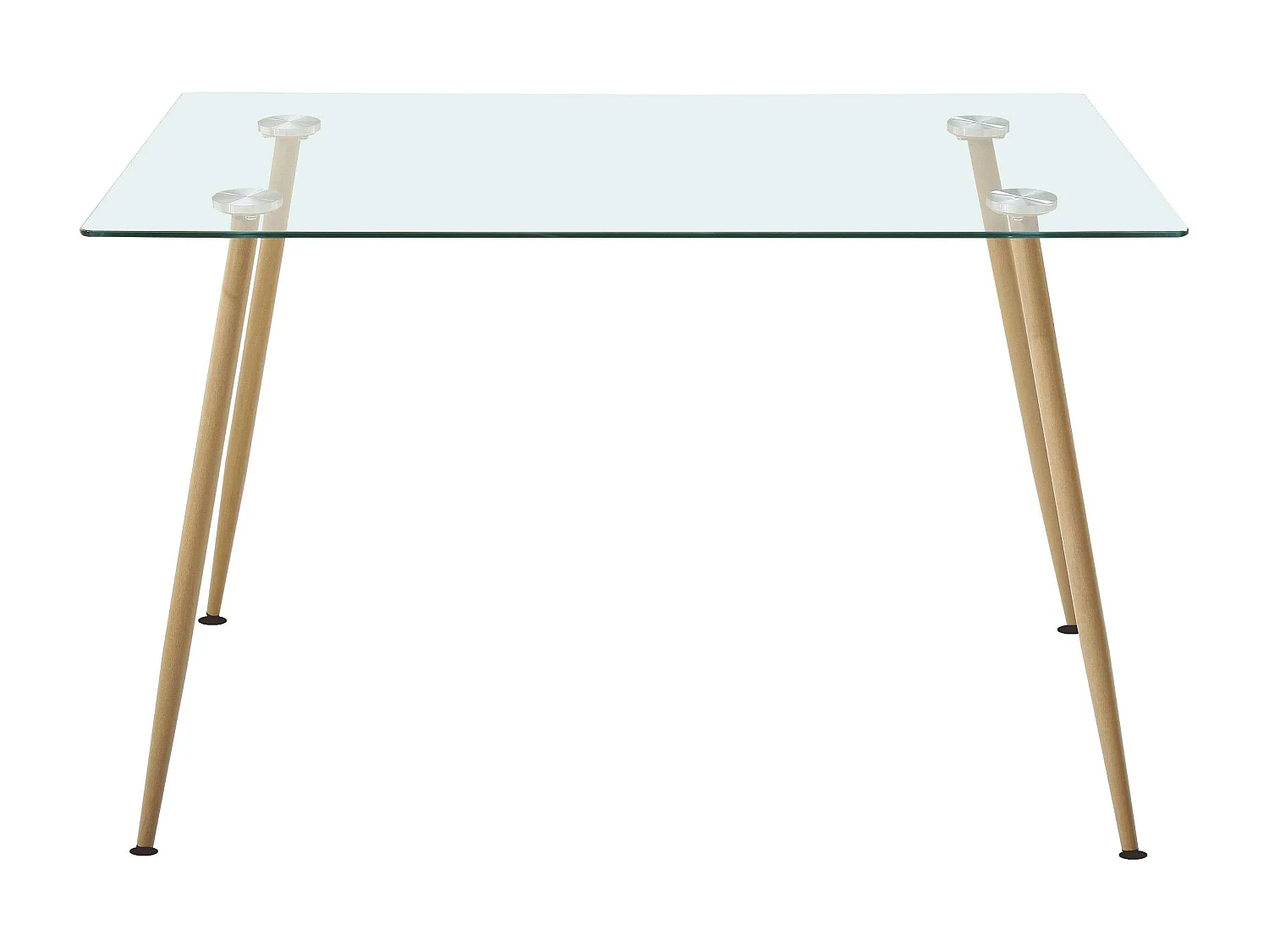 Mesa Cristal + 4 Sillas Gris Tela Comedor Nórdico Patas Metal Efecto Madera