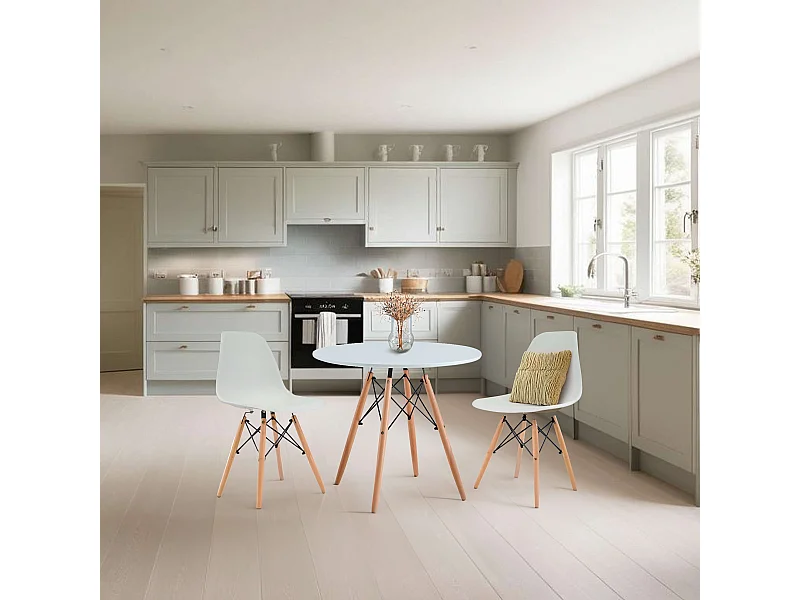 Conjunto Mesa Redonda Tower Cocina 2 Sillas Vintage Nórdico Blanco y Roble